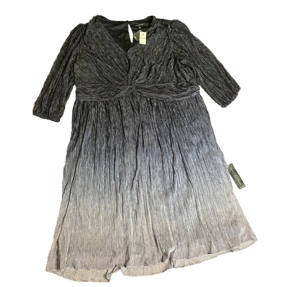Lane‎ Bryant Navy Metallic Pleated Long Sleeve Holiday Dress Size 26 V Neck